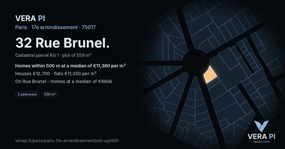 32 Rue Brunel, 17e arrondissement at night – the plot lit, the parcels around coloured by the prices near them