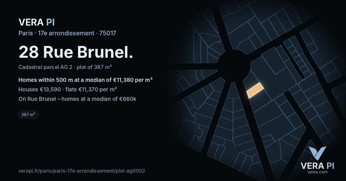 28 Rue Brunel, 17e arrondissement at night – the plot lit, the parcels around coloured by the prices near them