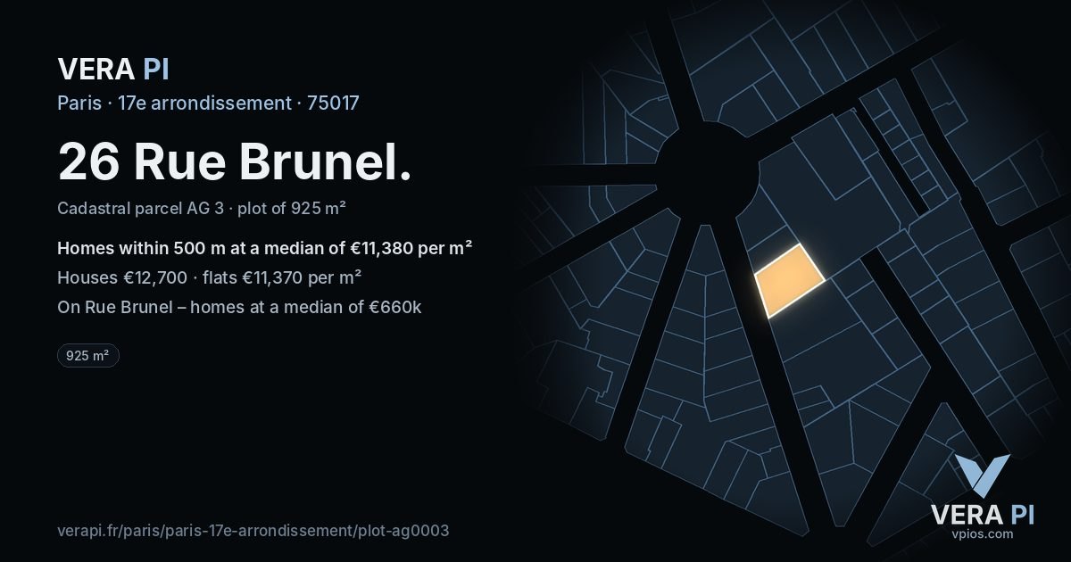 26 Rue Brunel, 17e arrondissement at night – the plot lit, the parcels around coloured by the prices near them