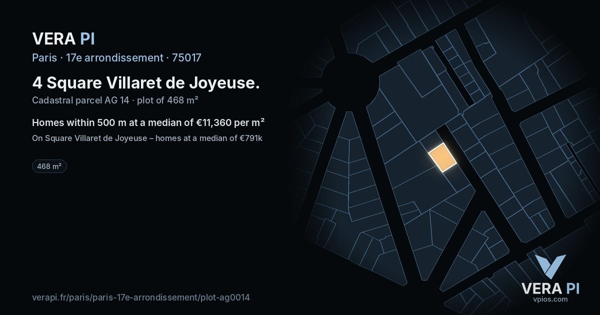 4 Square Villaret de Joyeuse, 17e arrondissement at night – the plot lit, the parcels around coloured by the prices near them