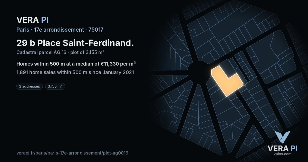 29 b Place Saint-Ferdinand, 17e arrondissement at night – the plot lit, the parcels around coloured by the prices near them