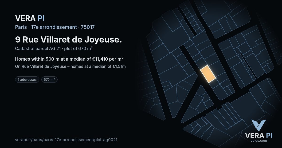 9 Rue Villaret de Joyeuse, 17e arrondissement at night – the plot lit, the parcels around coloured by the prices near them