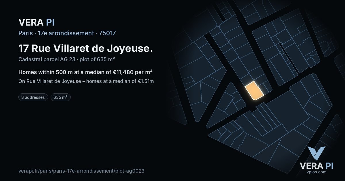 17 Rue Villaret de Joyeuse, 17e arrondissement at night – the plot lit, the parcels around coloured by the prices near them
