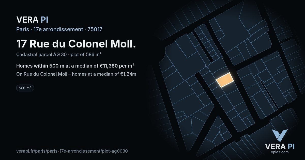 17 Rue du Colonel Moll, 17e arrondissement at night – the plot lit, the parcels around coloured by the prices near them
