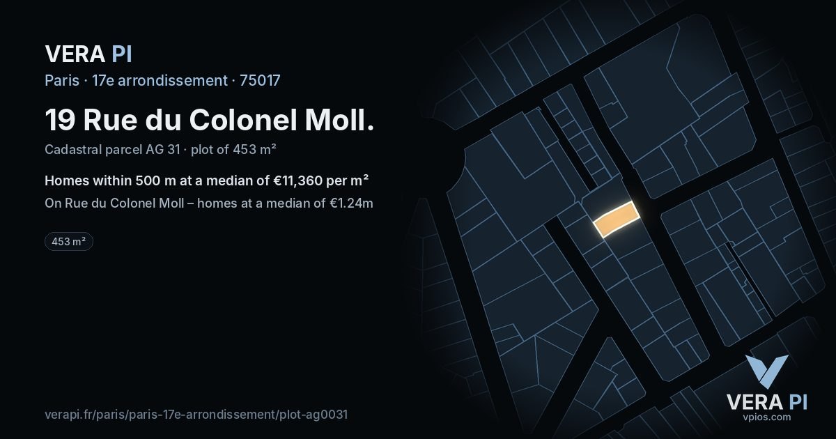 19 Rue du Colonel Moll, 17e arrondissement at night – the plot lit, the parcels around coloured by the prices near them