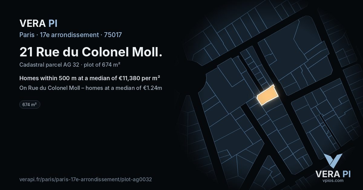 21 Rue du Colonel Moll, 17e arrondissement at night – the plot lit, the parcels around coloured by the prices near them
