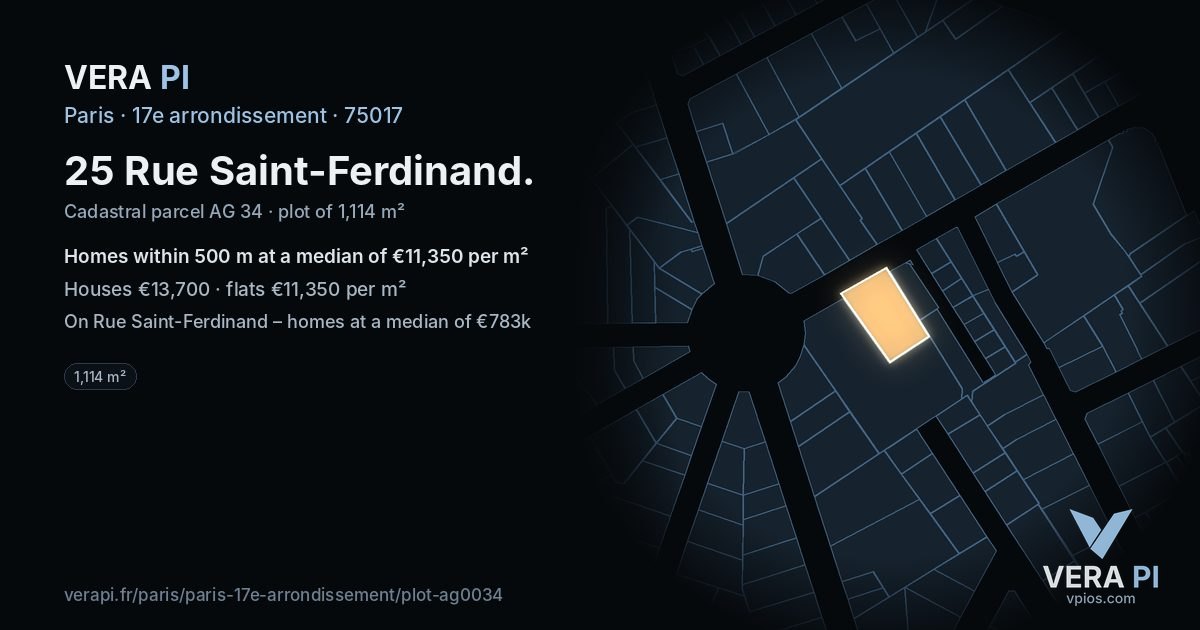 25 Rue Saint-Ferdinand, 17e arrondissement at night – the plot lit, the parcels around coloured by the prices near them