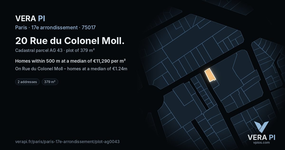 20 Rue du Colonel Moll, 17e arrondissement at night – the plot lit, the parcels around coloured by the prices near them