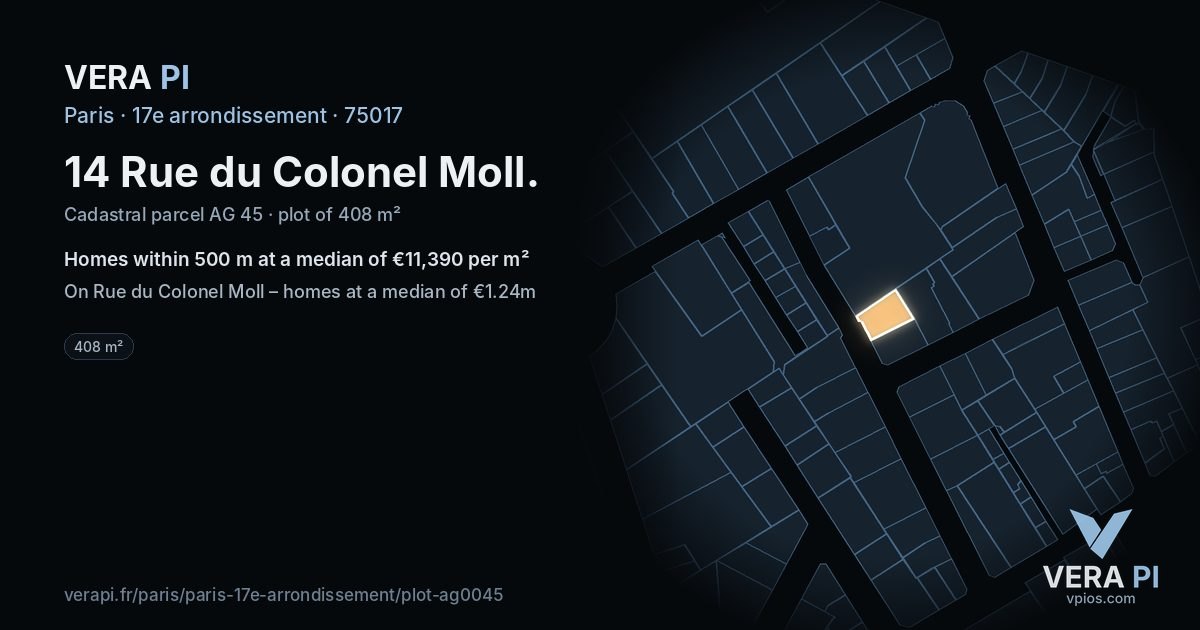 14 Rue du Colonel Moll, 17e arrondissement at night – the plot lit, the parcels around coloured by the prices near them