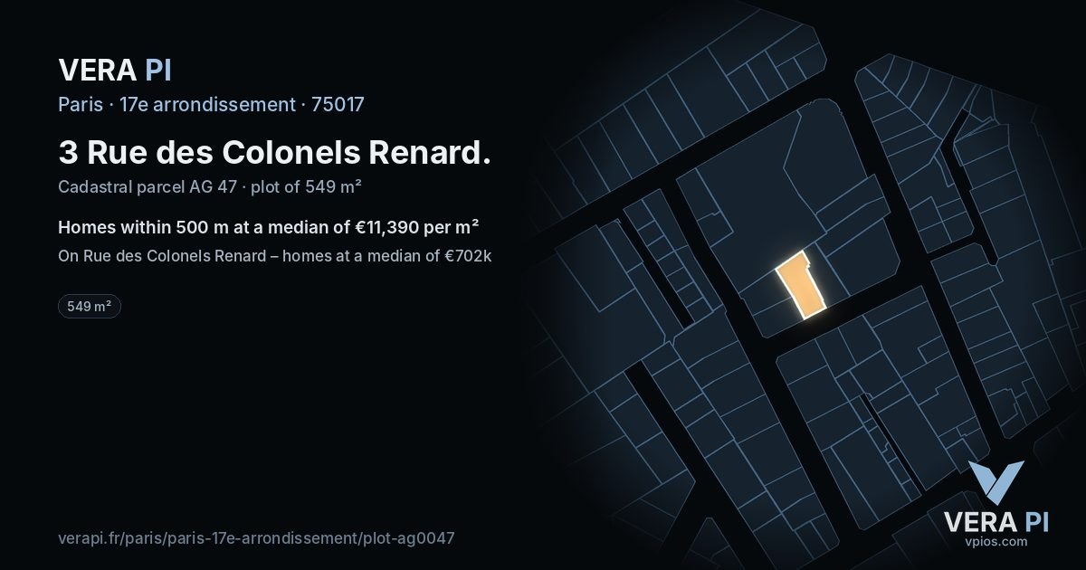 3 Rue des Colonels Renard, 17e arrondissement at night – the plot lit, the parcels around coloured by the prices near them