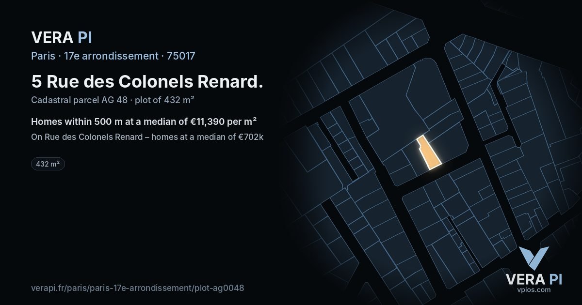 5 Rue des Colonels Renard, 17e arrondissement at night – the plot lit, the parcels around coloured by the prices near them