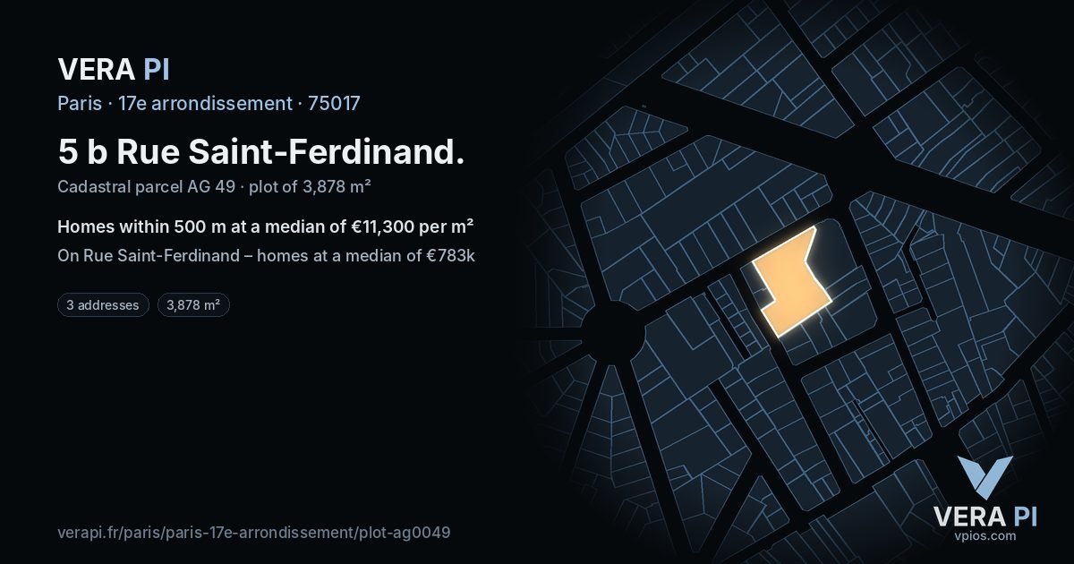 5 b Rue Saint-Ferdinand, 17e arrondissement at night – the plot lit, the parcels around coloured by the prices near them