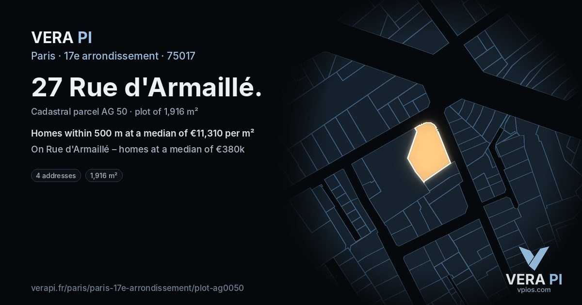 27 Rue d'Armaillé, 17e arrondissement at night – the plot lit, the parcels around coloured by the prices near them