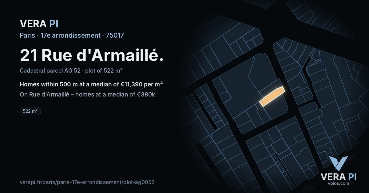 21 Rue d'Armaillé, 17e arrondissement at night – the plot lit, the parcels around coloured by the prices near them