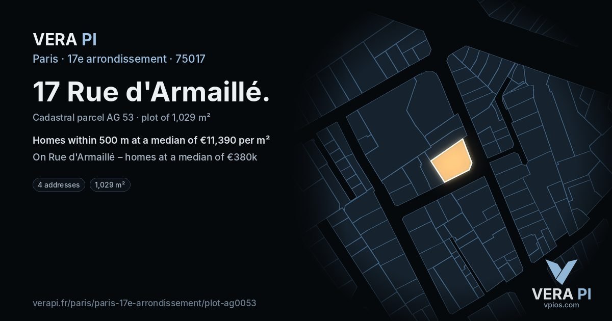 17 Rue d'Armaillé, 17e arrondissement at night – the plot lit, the parcels around coloured by the prices near them