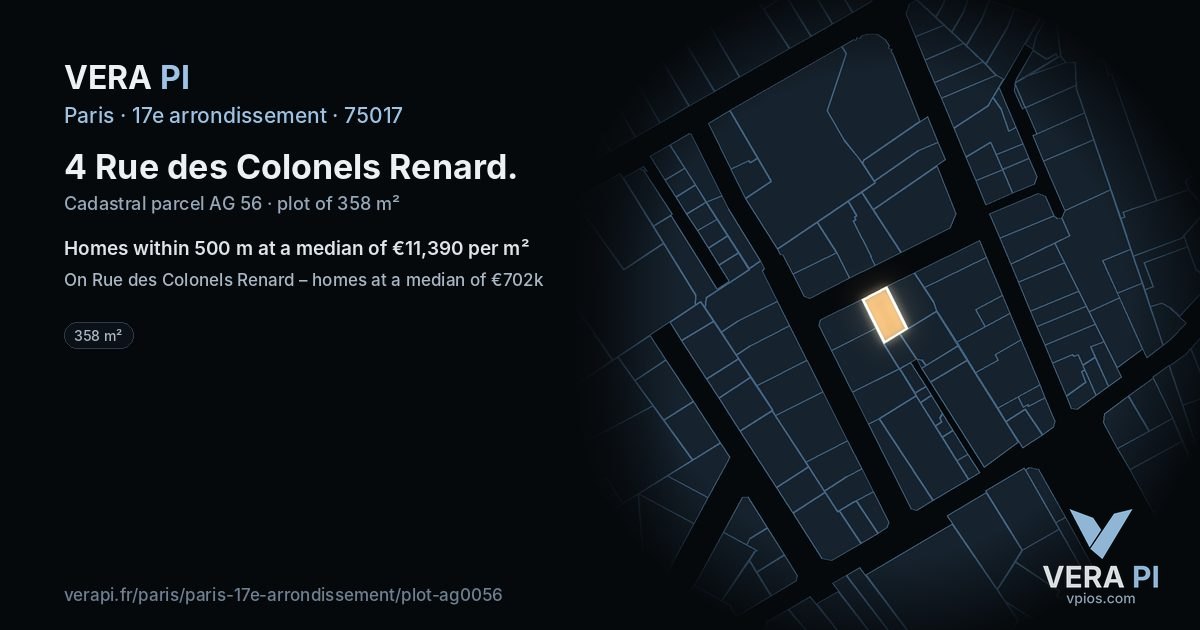 4 Rue des Colonels Renard, 17e arrondissement at night – the plot lit, the parcels around coloured by the prices near them