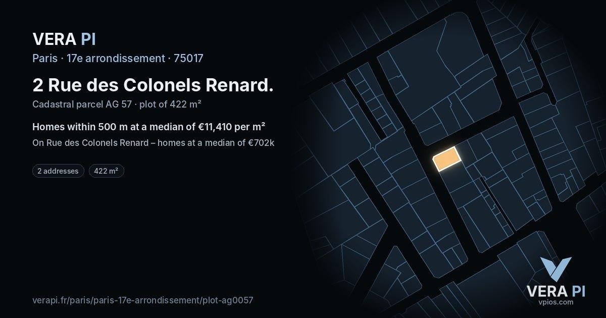 2 Rue des Colonels Renard, 17e arrondissement at night – the plot lit, the parcels around coloured by the prices near them