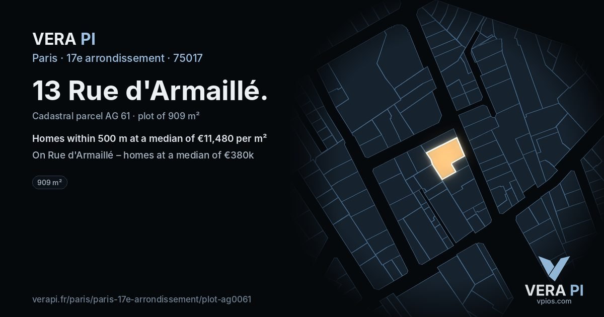 13 Rue d'Armaillé, 17e arrondissement at night – the plot lit, the parcels around coloured by the prices near them