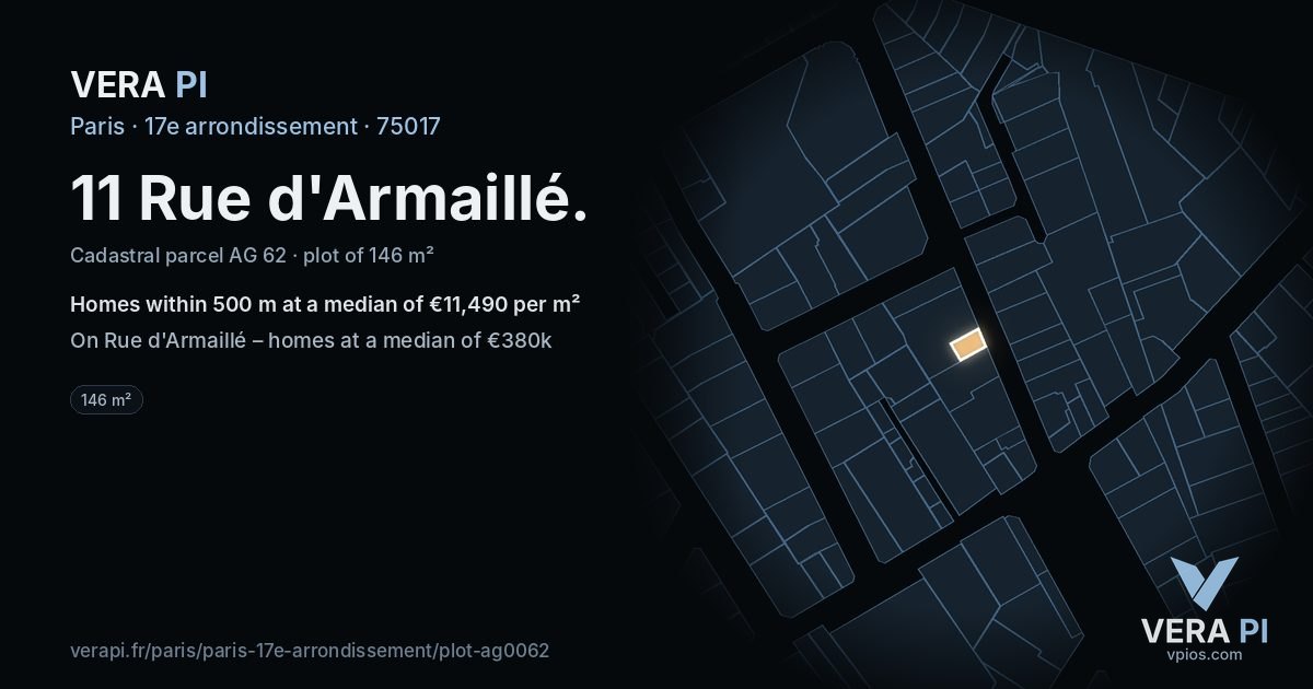 11 Rue d'Armaillé, 17e arrondissement at night – the plot lit, the parcels around coloured by the prices near them