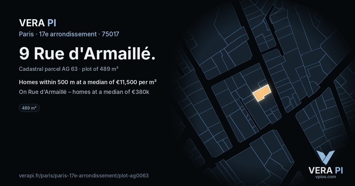 9 Rue d'Armaillé, 17e arrondissement at night – the plot lit, the parcels around coloured by the prices near them
