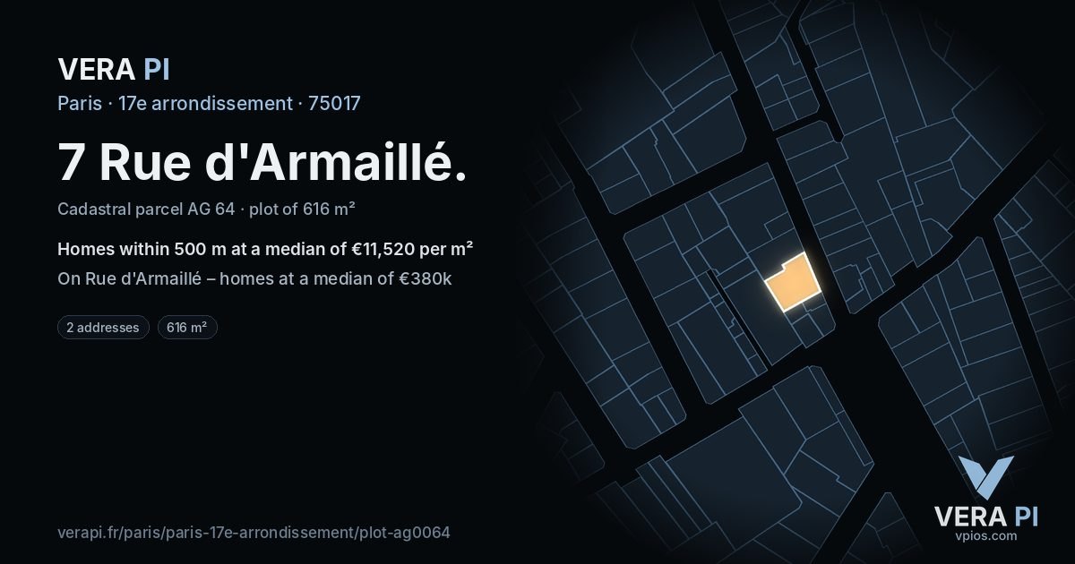 7 Rue d'Armaillé, 17e arrondissement at night – the plot lit, the parcels around coloured by the prices near them