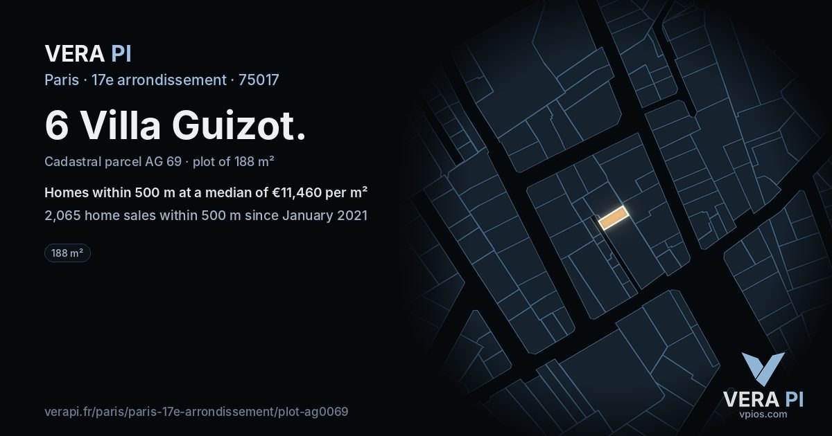 6 Villa Guizot, 17e arrondissement at night – the plot lit, the parcels around coloured by the prices near them
