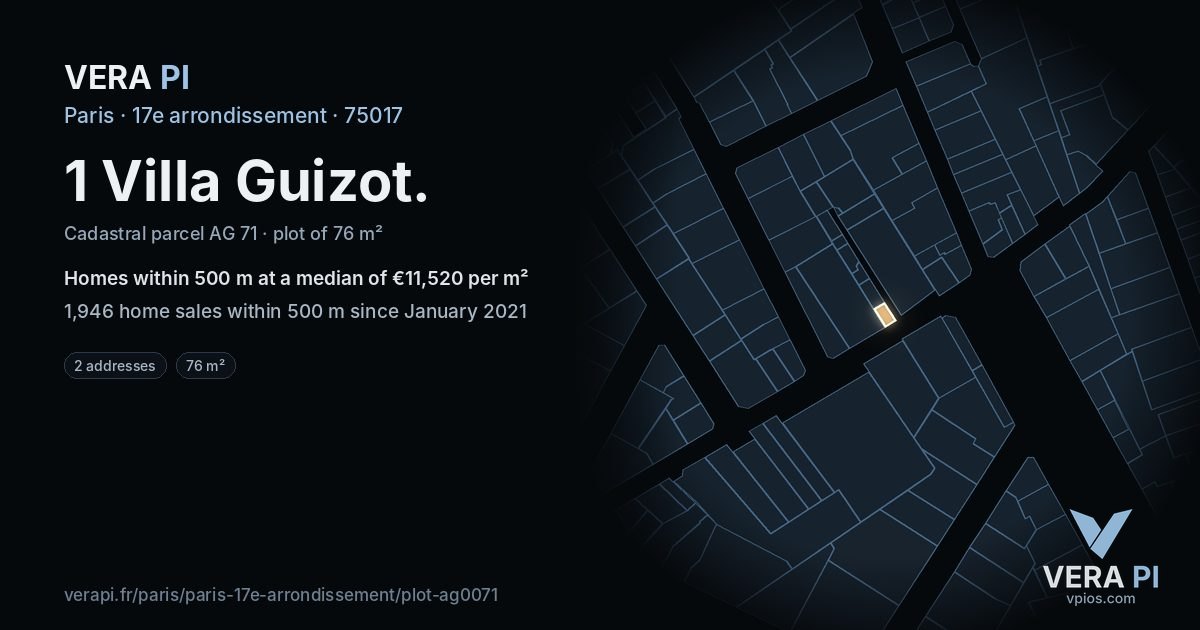 1 Villa Guizot, 17e arrondissement at night – the plot lit, the parcels around coloured by the prices near them