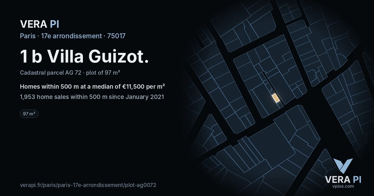 1 b Villa Guizot, 17e arrondissement at night – the plot lit, the parcels around coloured by the prices near them