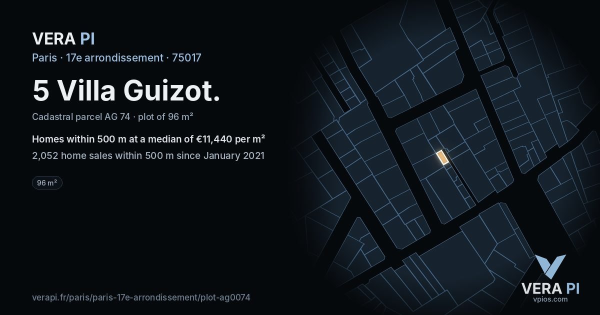 5 Villa Guizot, 17e arrondissement at night – the plot lit, the parcels around coloured by the prices near them