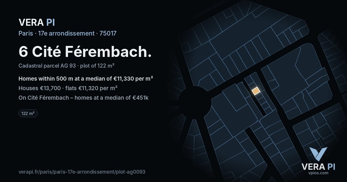 6 Cité Férembach, 17e arrondissement at night – the plot lit, the parcels around coloured by the prices near them