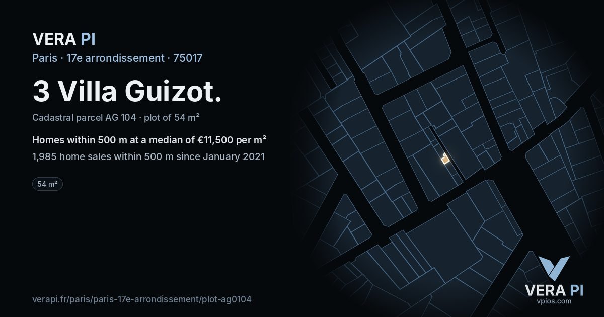 3 Villa Guizot, 17e arrondissement at night – the plot lit, the parcels around coloured by the prices near them