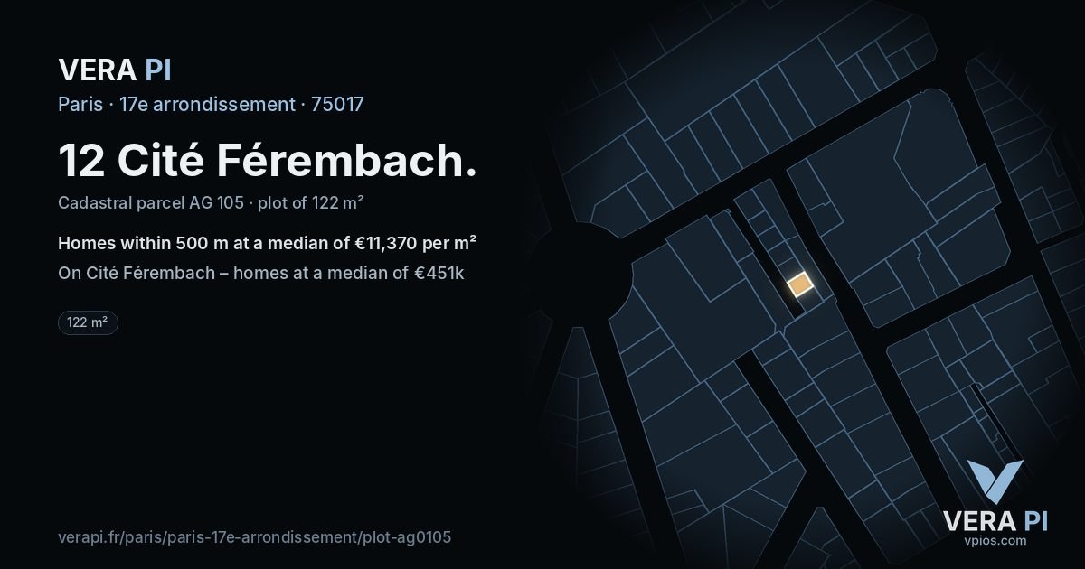 12 Cité Férembach, 17e arrondissement at night – the plot lit, the parcels around coloured by the prices near them