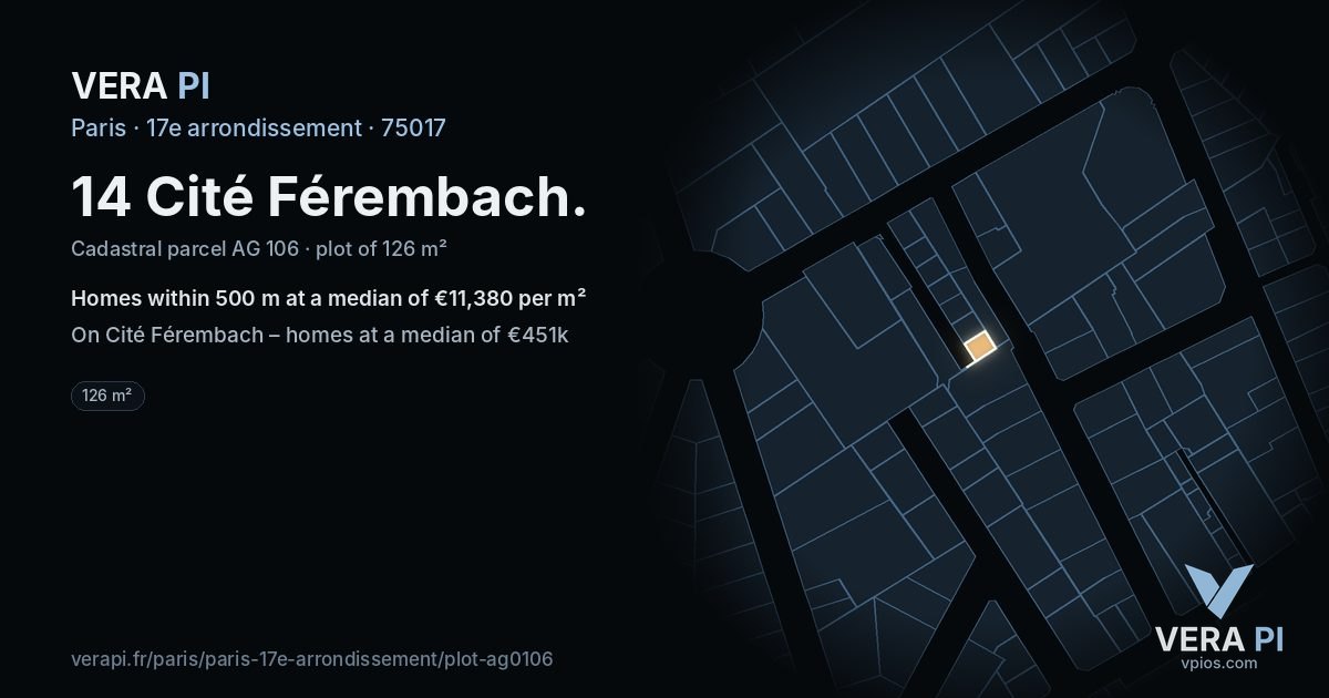 14 Cité Férembach, 17e arrondissement at night – the plot lit, the parcels around coloured by the prices near them