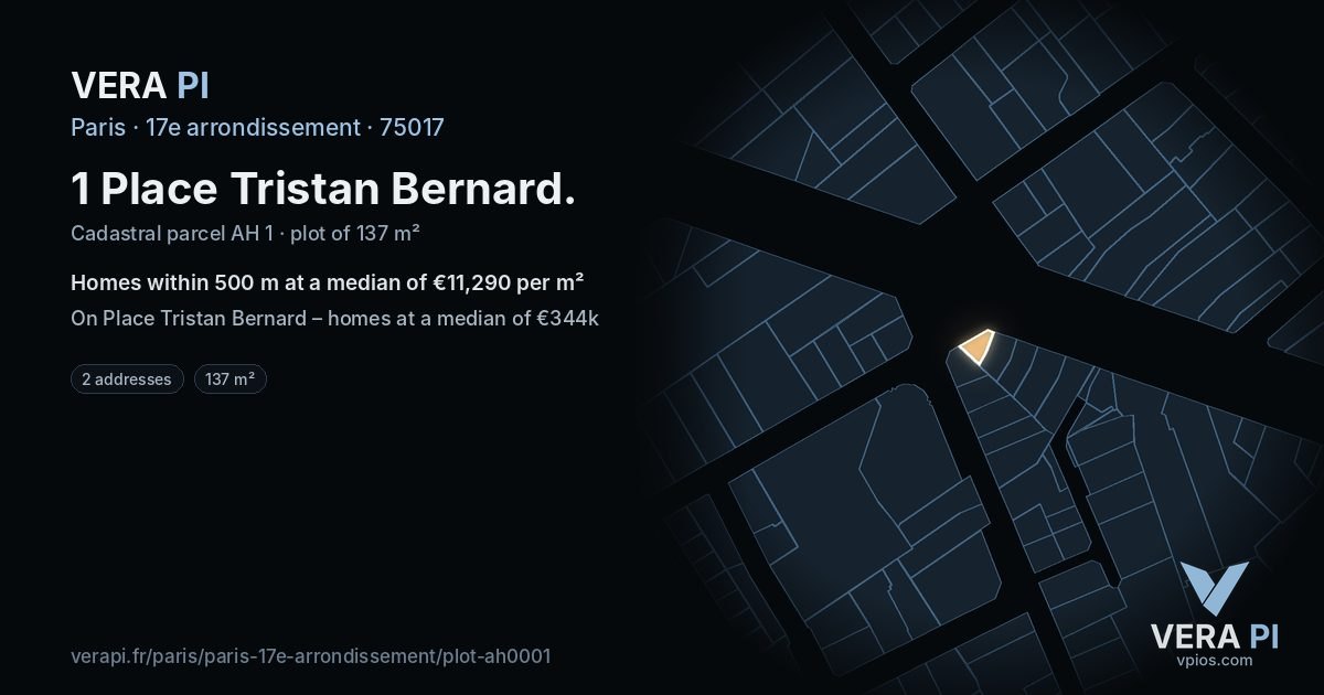 1 Place Tristan Bernard, 17e arrondissement at night – the plot lit, the parcels around coloured by the prices near them