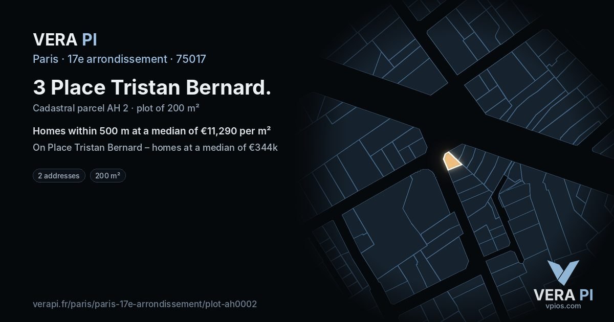 3 Place Tristan Bernard, 17e arrondissement at night – the plot lit, the parcels around coloured by the prices near them