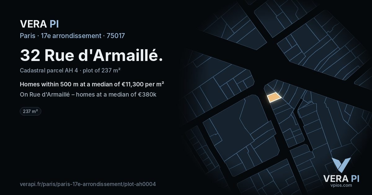 32 Rue d'Armaillé, 17e arrondissement at night – the plot lit, the parcels around coloured by the prices near them