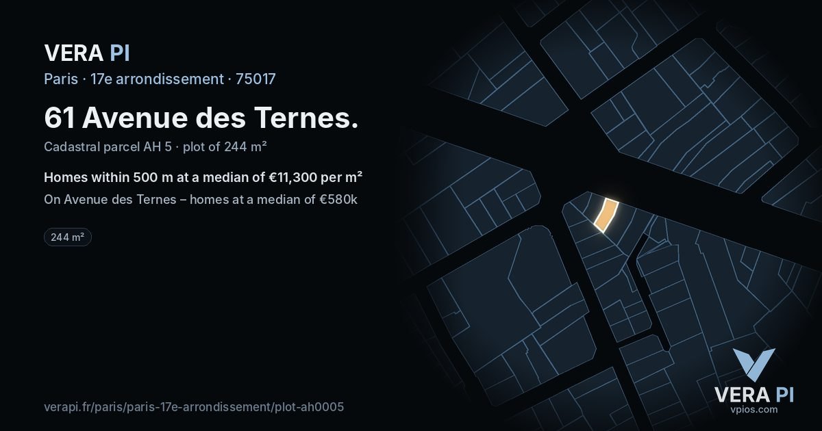 61 Avenue des Ternes, 17e arrondissement at night – the plot lit, the parcels around coloured by the prices near them