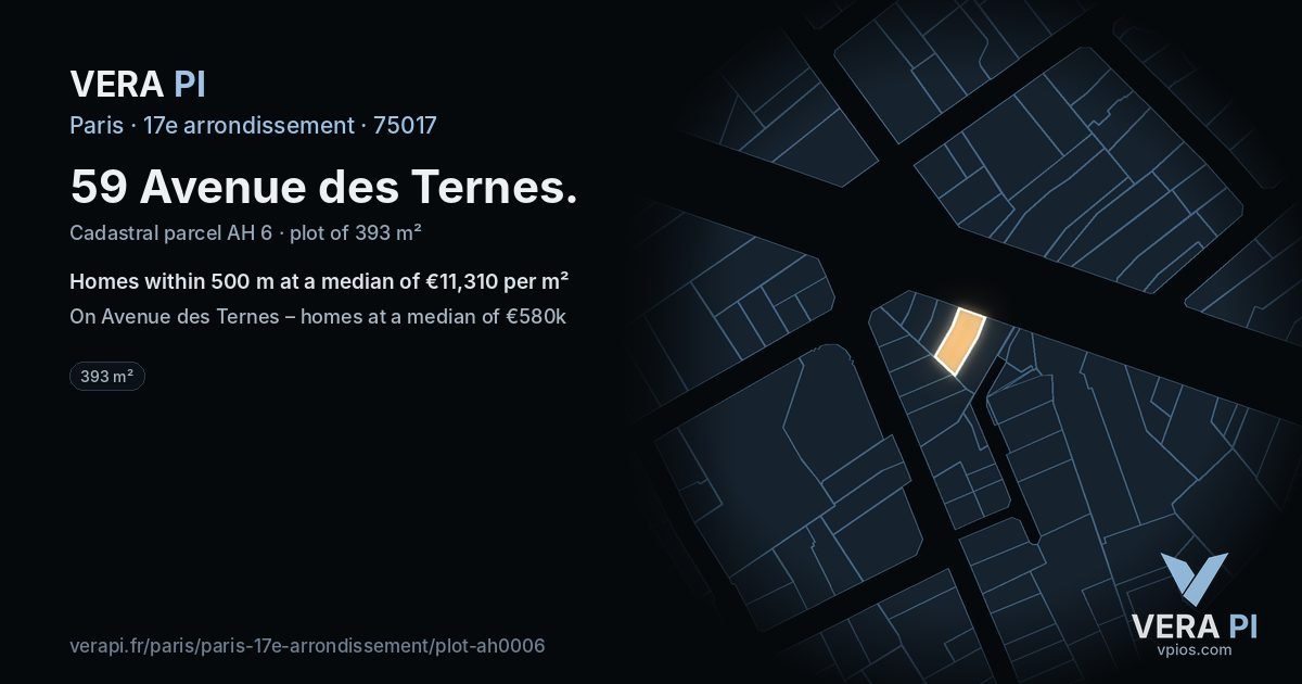59 Avenue des Ternes, 17e arrondissement at night – the plot lit, the parcels around coloured by the prices near them