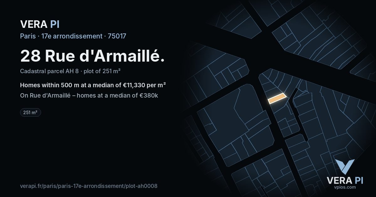 28 Rue d'Armaillé, 17e arrondissement at night – the plot lit, the parcels around coloured by the prices near them