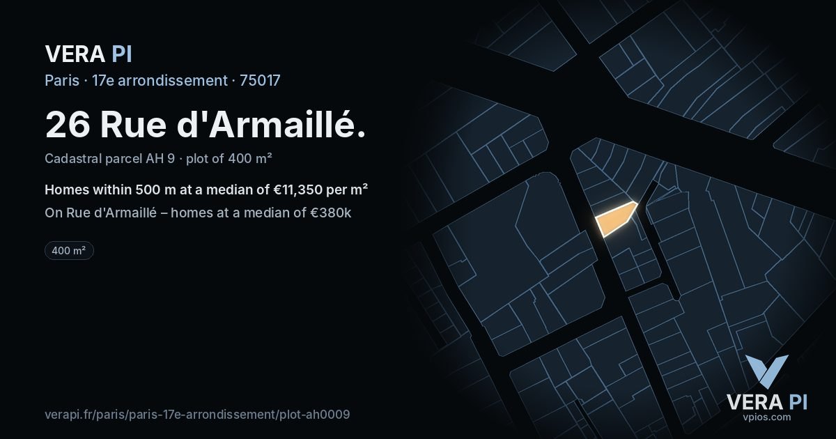 26 Rue d'Armaillé, 17e arrondissement at night – the plot lit, the parcels around coloured by the prices near them