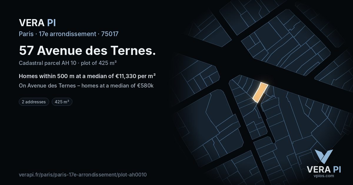 57 Avenue des Ternes, 17e arrondissement at night – the plot lit, the parcels around coloured by the prices near them