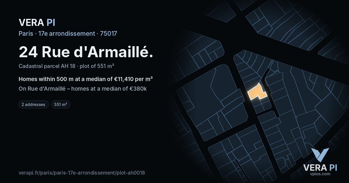 24 Rue d'Armaillé, 17e arrondissement at night – the plot lit, the parcels around coloured by the prices near them