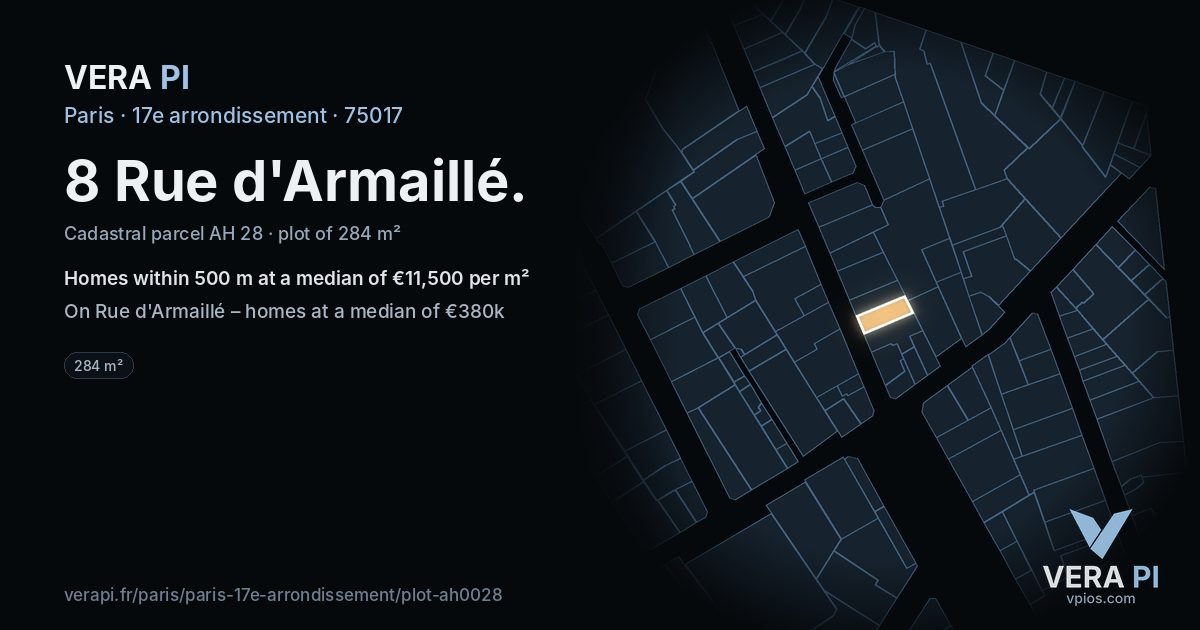 8 Rue d'Armaillé, 17e arrondissement at night – the plot lit, the parcels around coloured by the prices near them