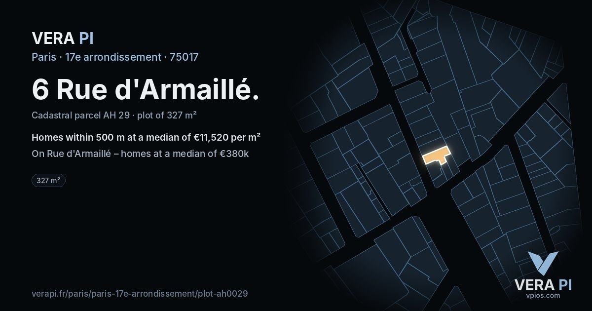 6 Rue d'Armaillé, 17e arrondissement at night – the plot lit, the parcels around coloured by the prices near them