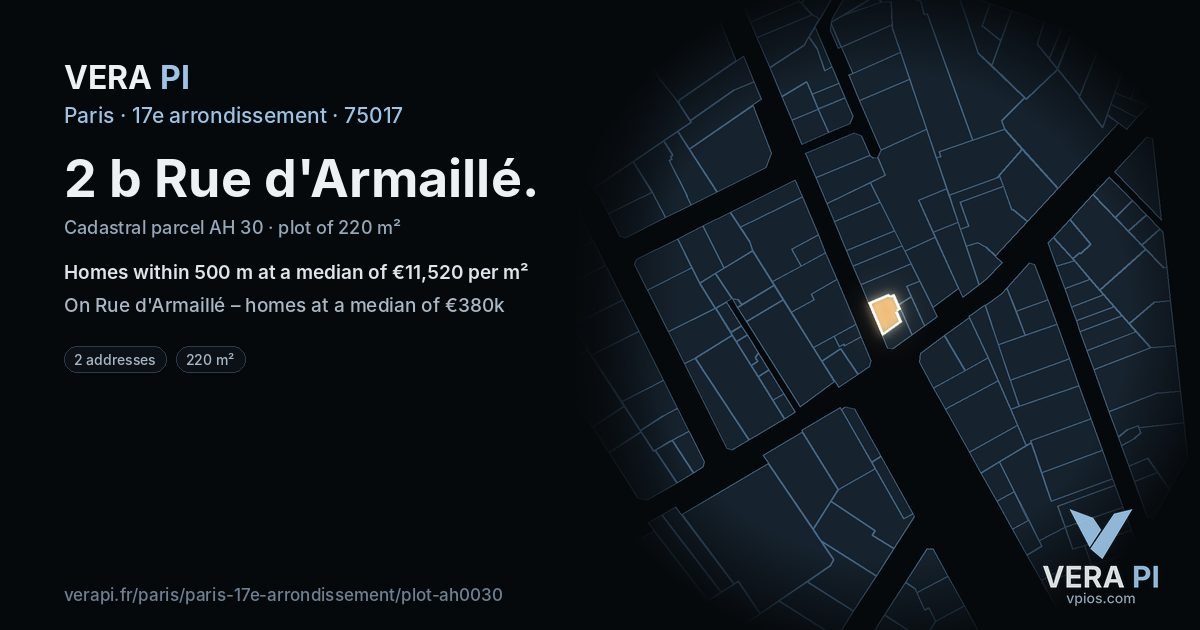 2 b Rue d'Armaillé, 17e arrondissement at night – the plot lit, the parcels around coloured by the prices near them