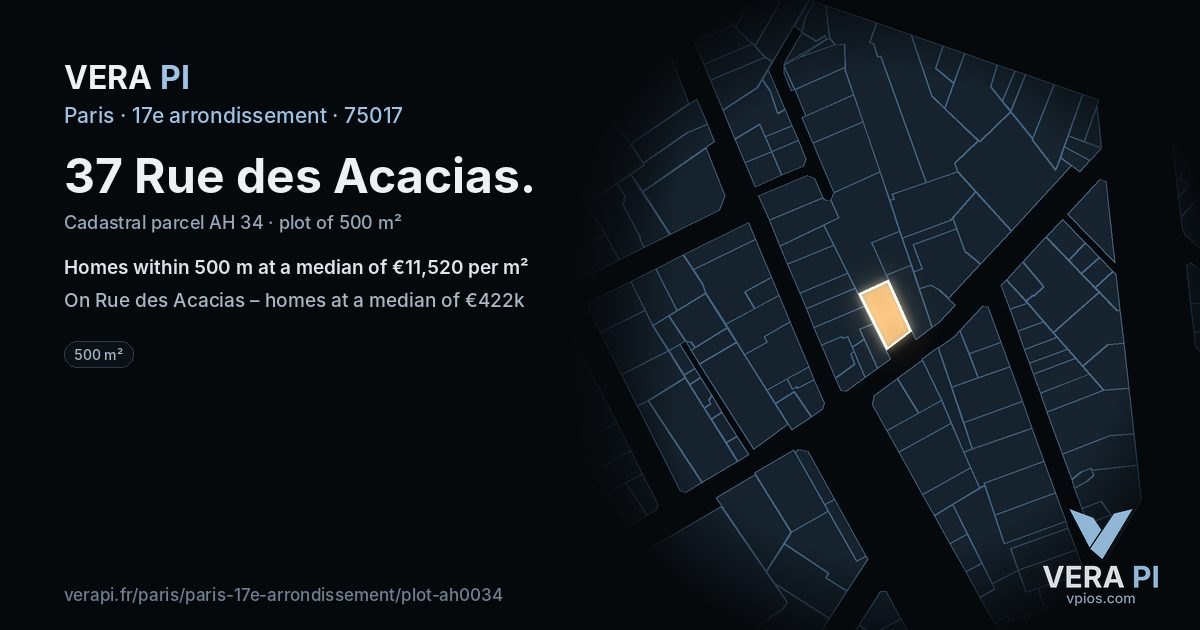 37 Rue des Acacias, 17e arrondissement at night – the plot lit, the parcels around coloured by the prices near them