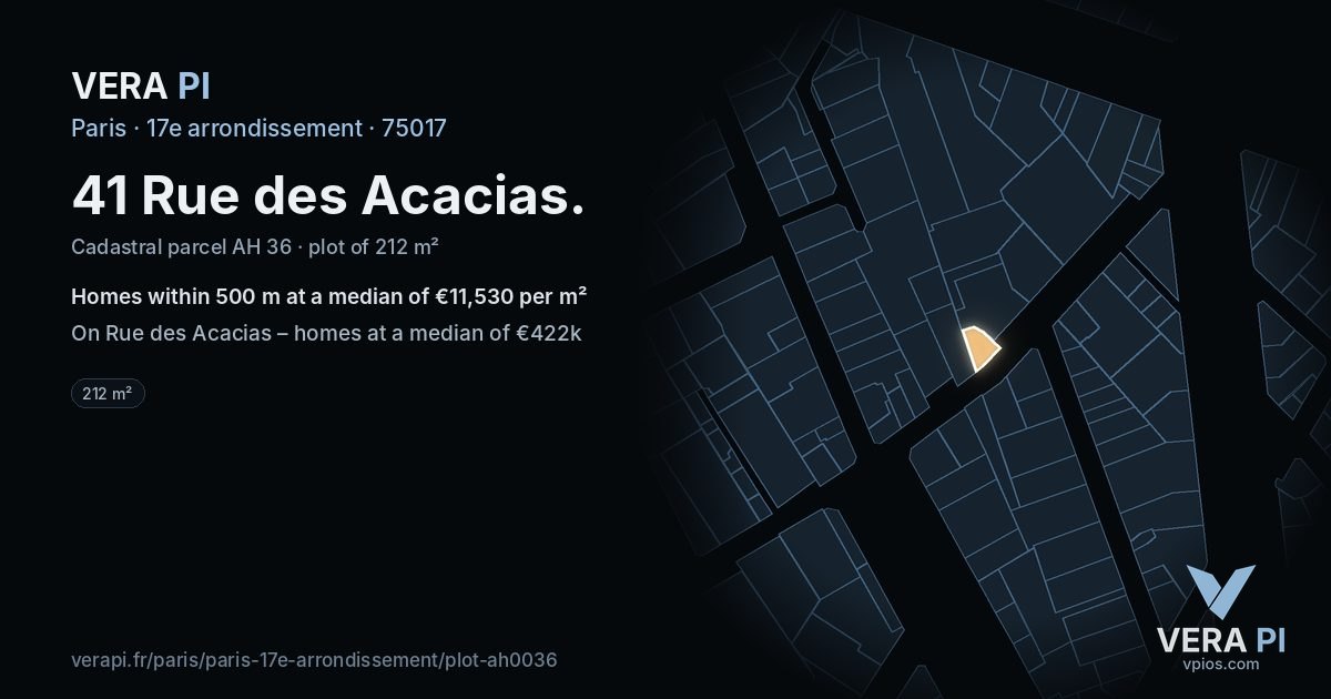 41 Rue des Acacias, 17e arrondissement at night – the plot lit, the parcels around coloured by the prices near them