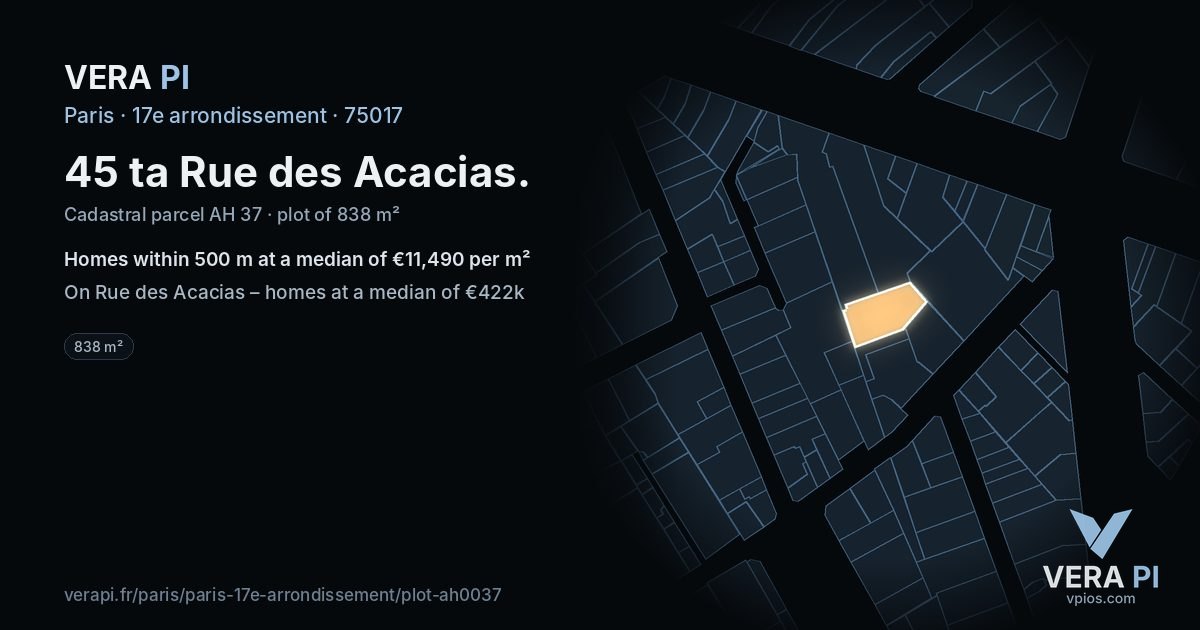 45 ta Rue des Acacias, 17e arrondissement at night – the plot lit, the parcels around coloured by the prices near them
