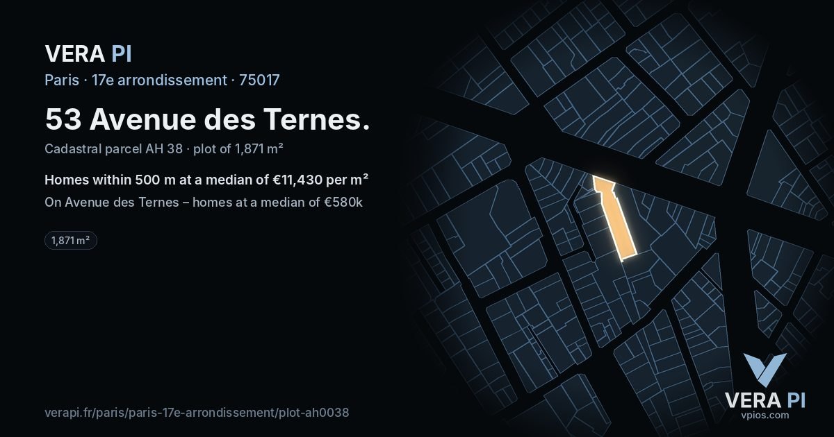 53 Avenue des Ternes, 17e arrondissement at night – the plot lit, the parcels around coloured by the prices near them
