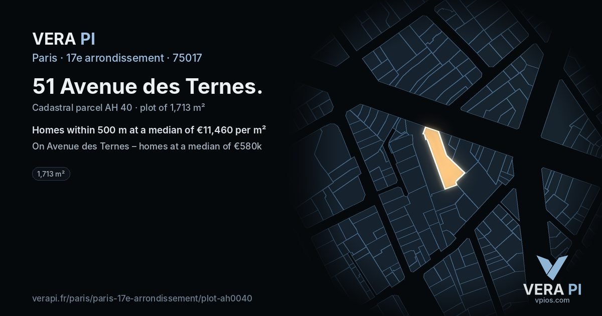 51 Avenue des Ternes, 17e arrondissement at night – the plot lit, the parcels around coloured by the prices near them